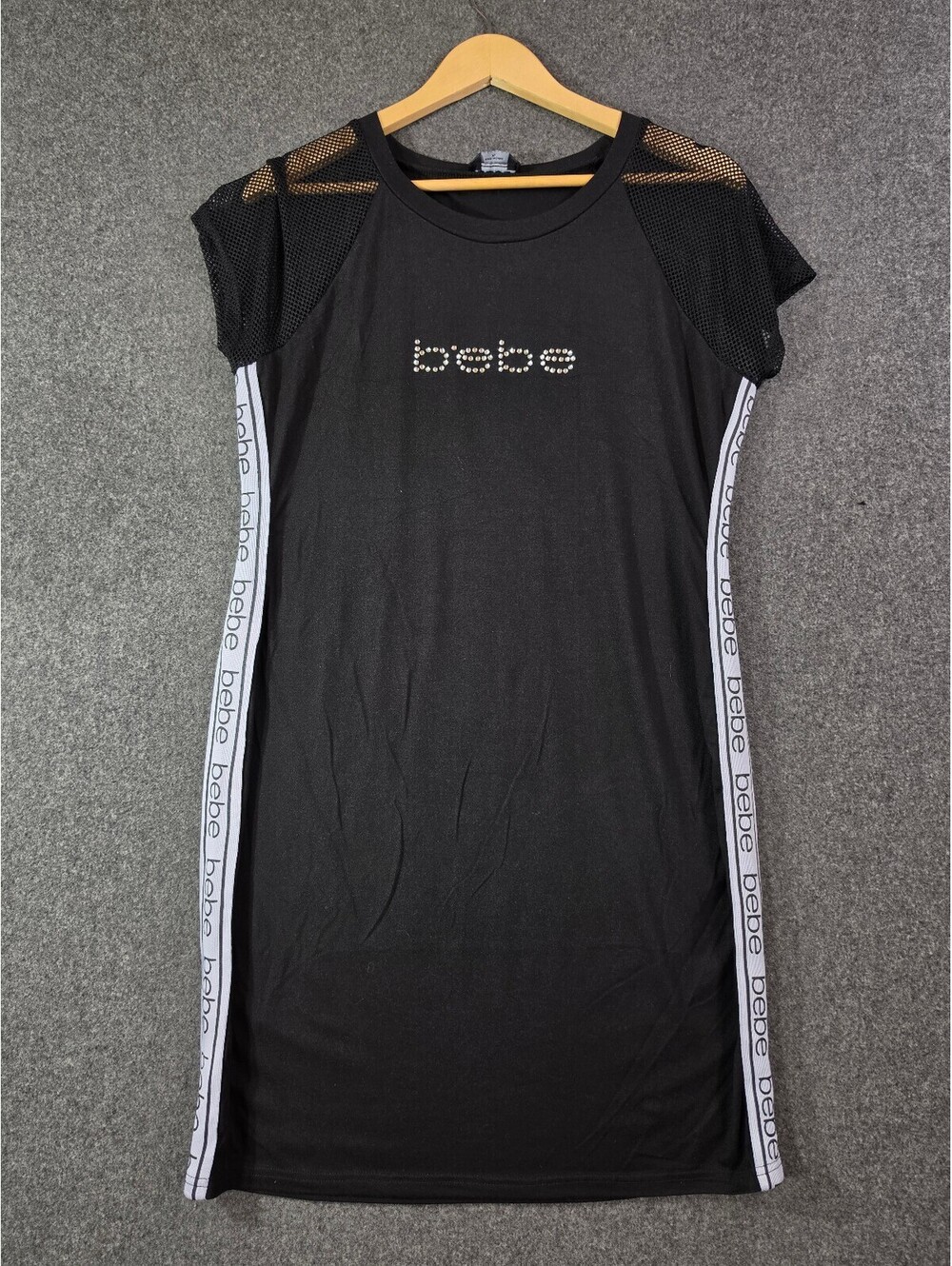 bebe Black Mesh Sleeve Logo Dress with Side Stripe Detail, Size Small